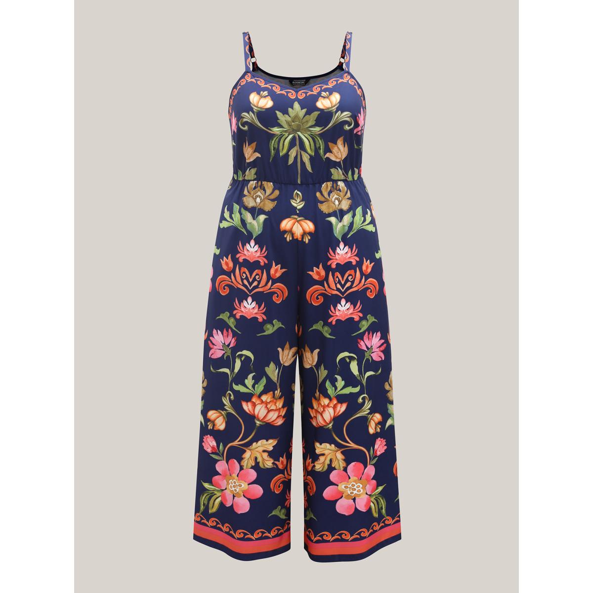 Plus Size DarkBlue Tropical Flowers Print Pockets Cami Jumpsuit Women Resort Sleeveless V-neck Vacation Loose Jumpsuits BloomChic 30/6X Product Image