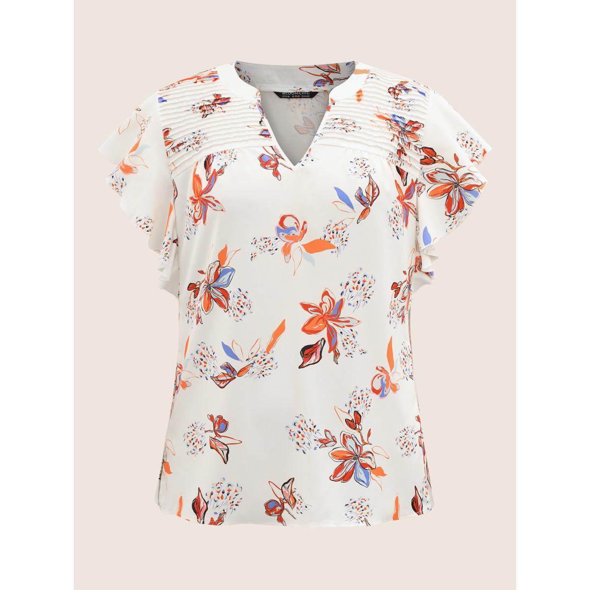 Plus Size Multicolor Floral Pleated Ruffle Cap Sleeve Blouse Women Elegant Cap Sleeve V-neck Everyday Blouses BloomChic 18-20/2X Product Image