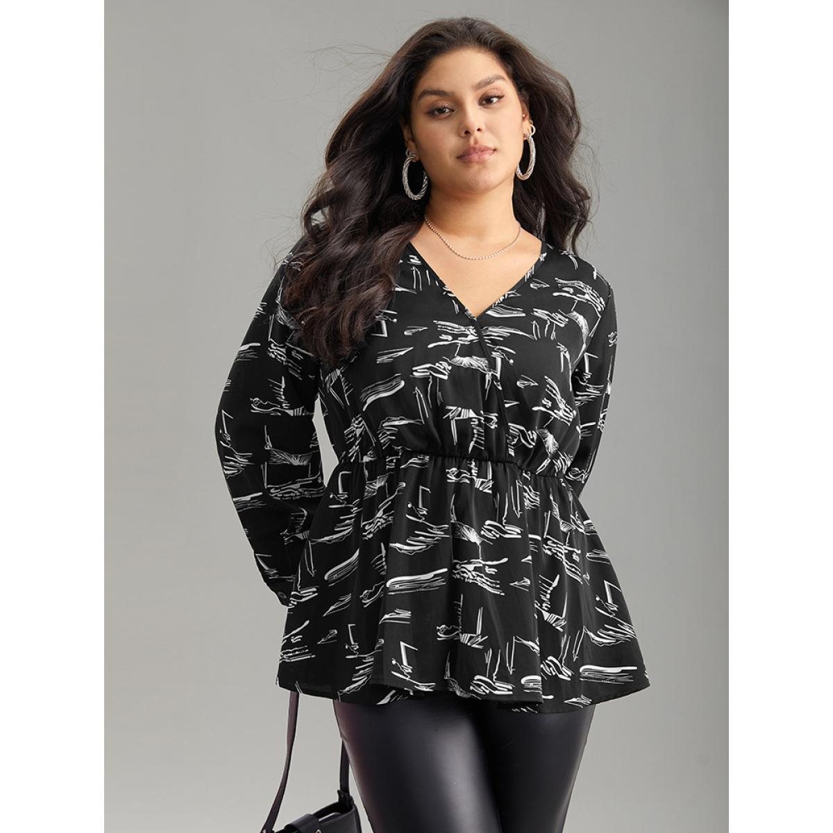 Plus Size BlackFlower Geometric Wrap Elastic Waist Ruffle Hem Blouse Women Office Long Sleeve Overlap Collar Work Blouses BloomChic 28/5X Product Image