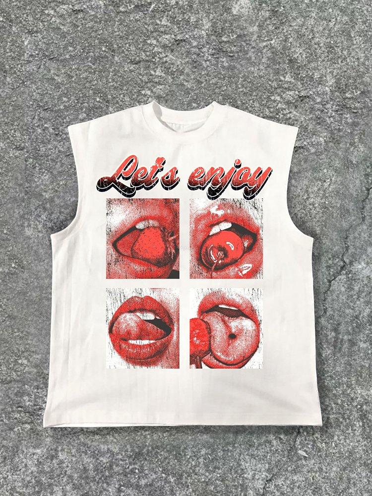 Men's Red Lip Vintage Print Cotton Tank Top Product Image