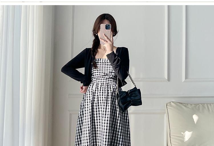 Maternity Strapless Plaid Midi A-Line Dress / Plain Cardigan / Set Product Image