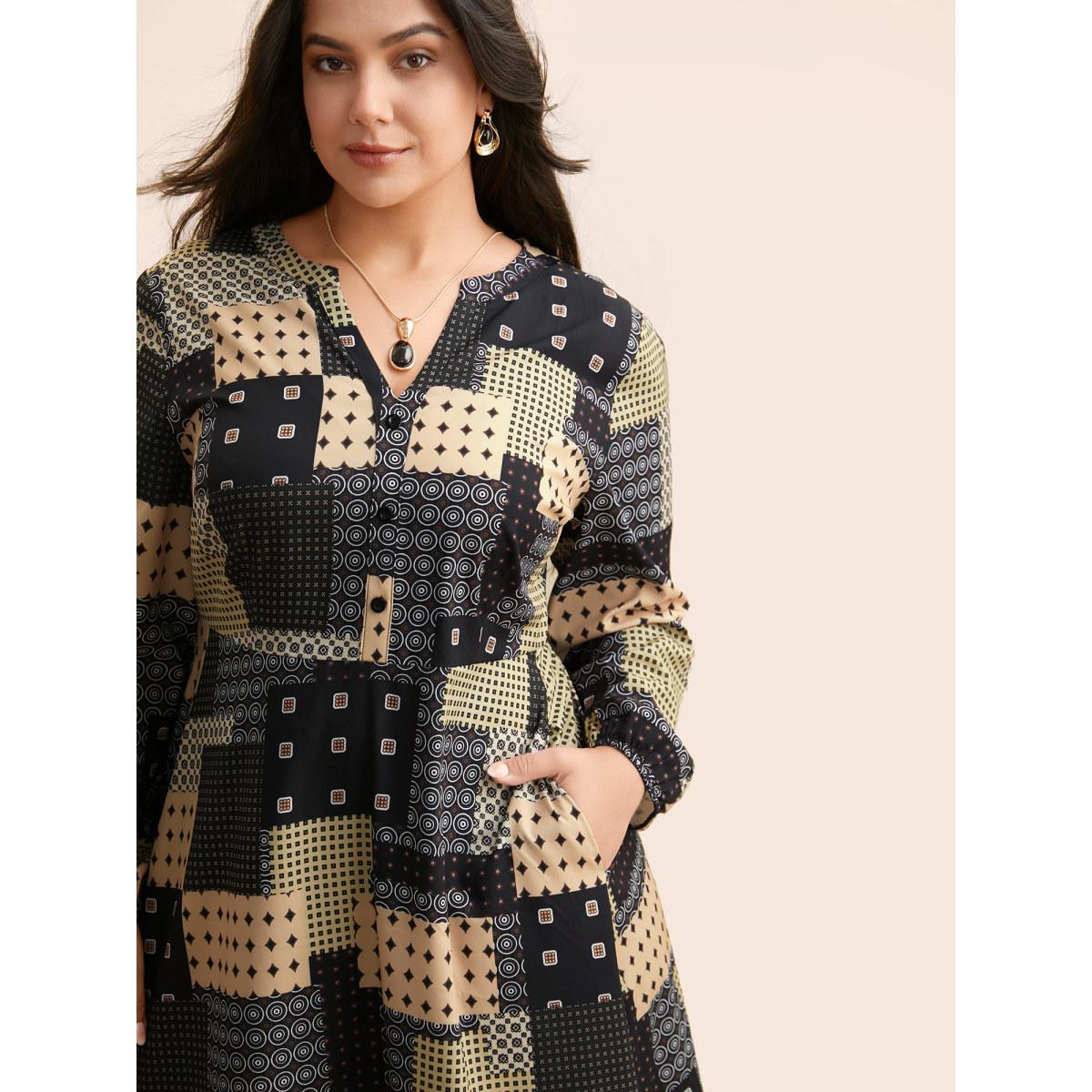 Plus Size Colorblock Contrast Notched Lantern Sleeve Dress Multicolor Women At the Office Button Flat collar with V-notch Long Sleeve Curvy BloomChic 22-24/3X Product Image