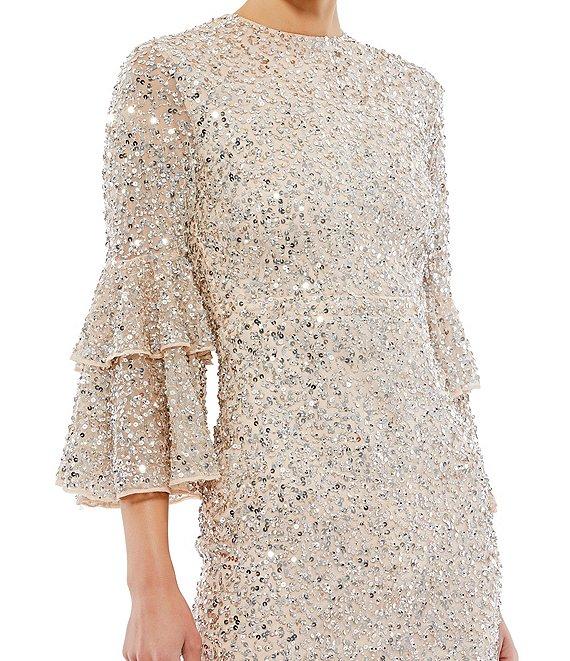 Mac Duggal Crew Neck Ruffle Tiered 3/4 Sleeve Sequin Midi Sheath Dress Product Image