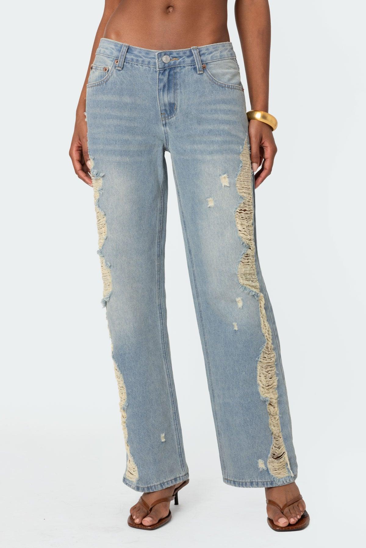 Distressed Washed Low Rise Baggy Jeans Product Image