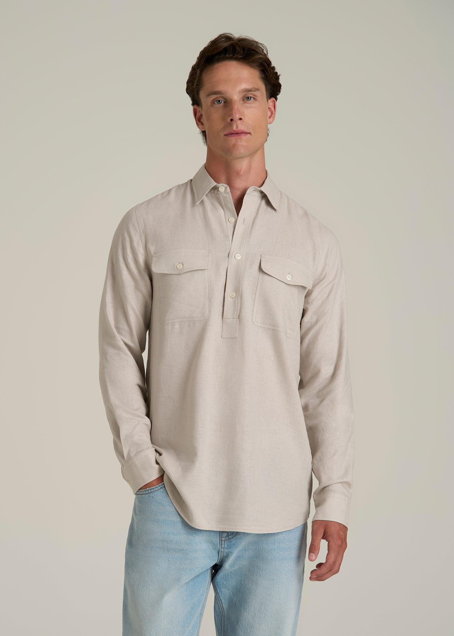 Linen Popover Shirt for Tall Men in Light Taupe Male Product Image