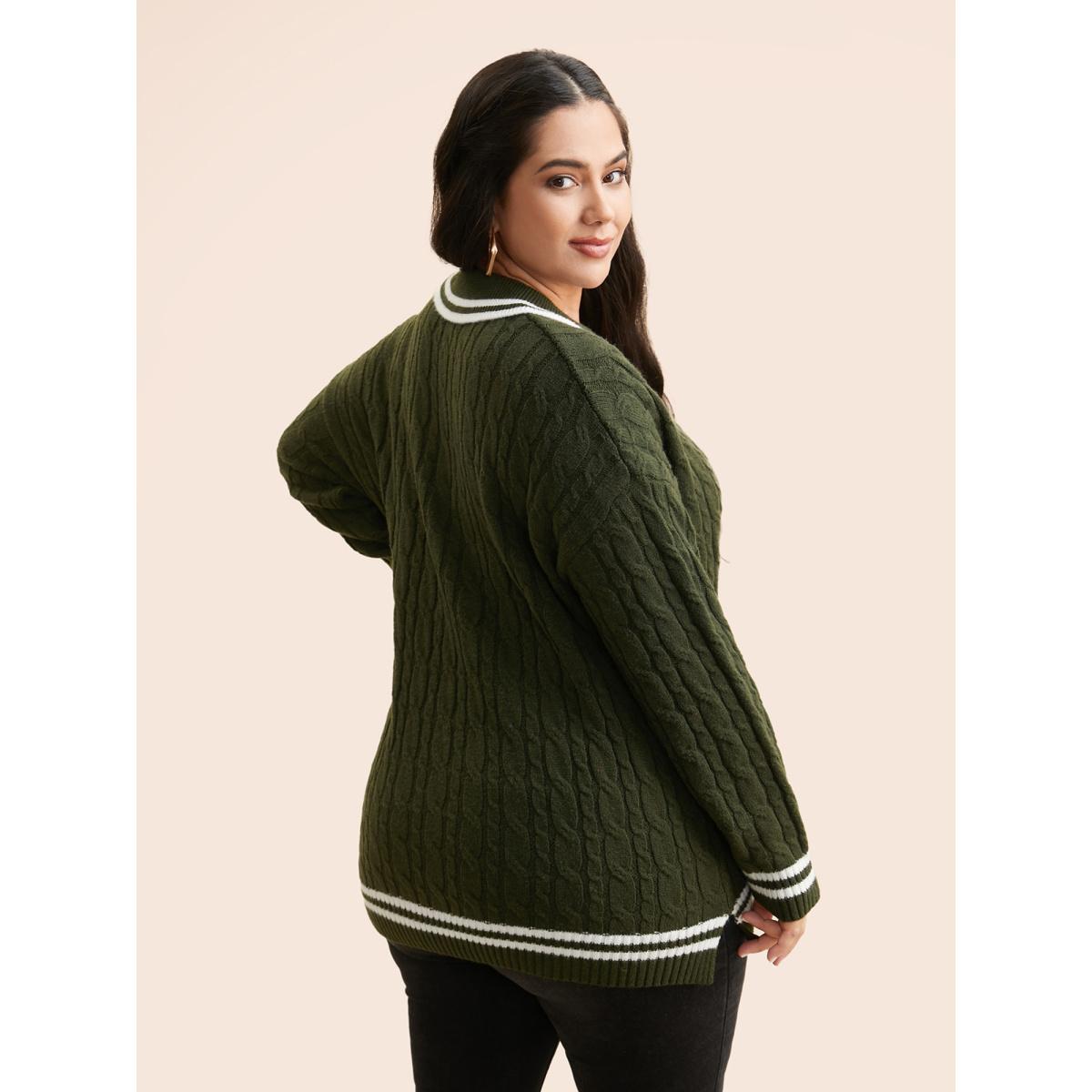Plus Size Contrast Trim Split Hem Pullover ArmyGreen Women Office Long Sleeve Lapel Collar Office Pullovers BloomChic 28/5X Product Image