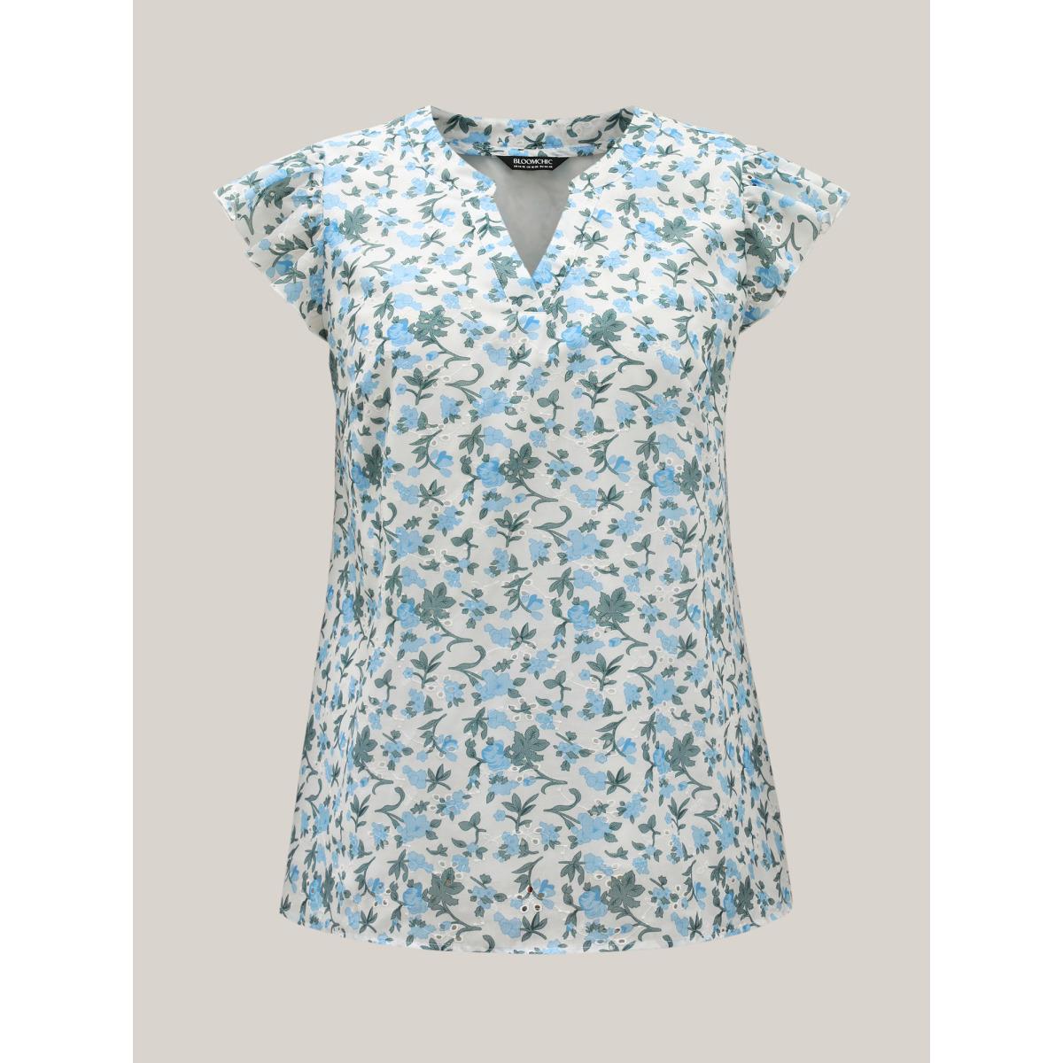 Plus Size LightBlue Embroidered Floral Split Neck Tank Top Women Short sleeve Flat collar with V-notch Vacation Blouses BloomChic 30/6X Product Image