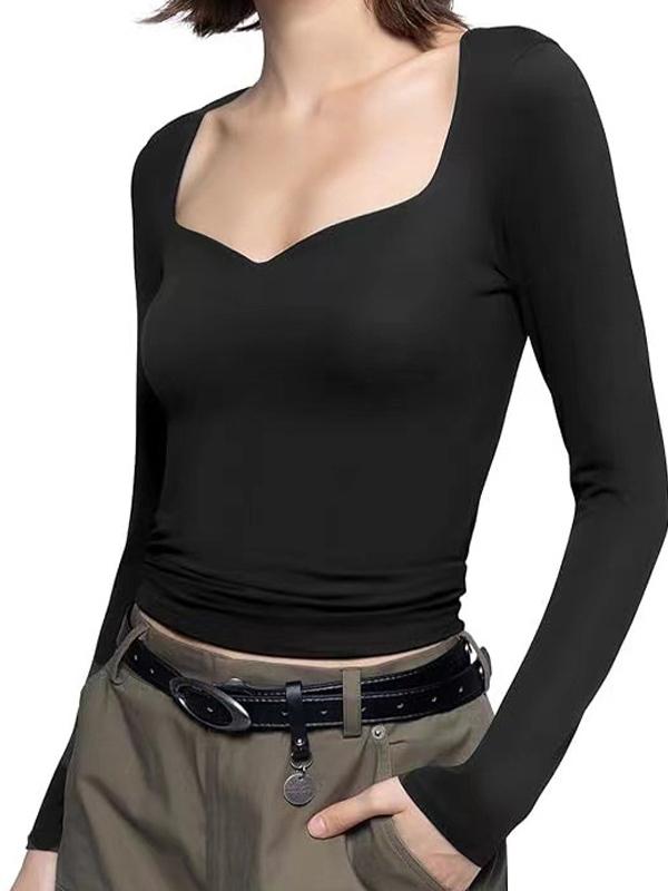 Solid Sweetheart Neck Slim Long Sleeve Tee Product Image