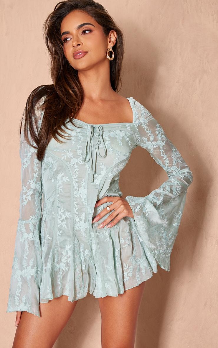 Sage Green Lace Binding Detail Flare Sleeve Romper Product Image