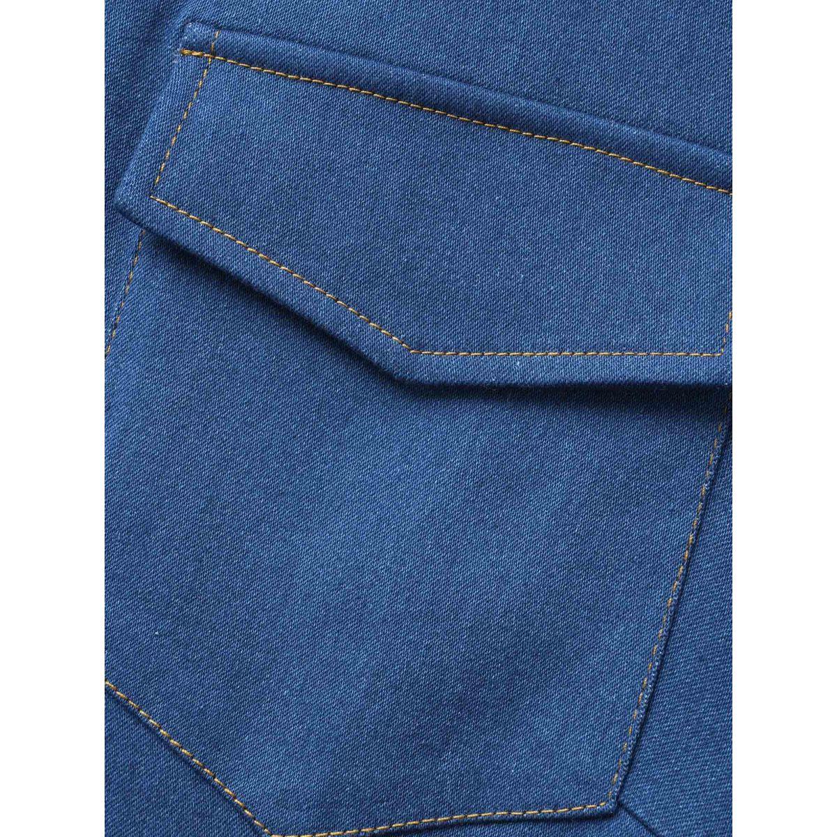 Plus Size Stretch Denim Chest Flaps Waist Defining Midi Dress Denimindigo Women Button Casual Side seam pocket Leisure Denim Dresses BloomChic 28/5X Product Image