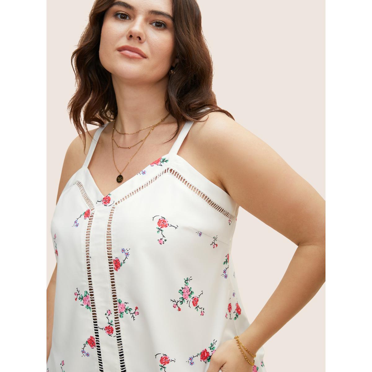 Plus Size Floral Print Patchwork Cut Out Cami Top Women Originalwhite Elegant Contrast Non Everyday Tank Tops Camis BloomChic 10/M Product Image