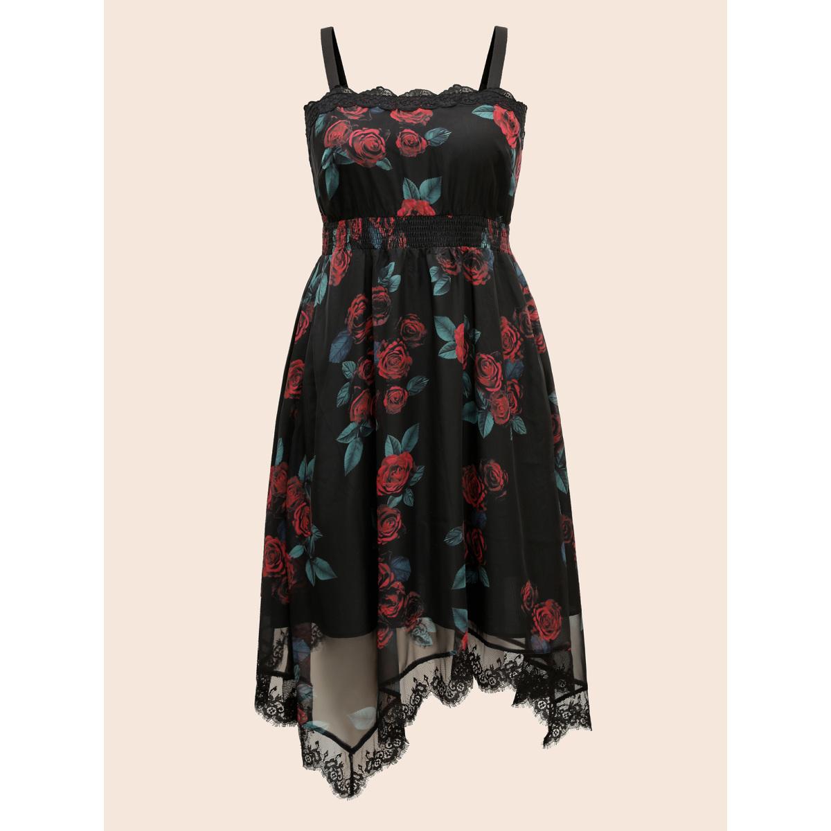 Plus Size Cami Lace Floral Waist Cinching Midi Dress Black Women Cocktail Woven ribbon&lace trim Party Curvy Bloomchic 26/4X Product Image