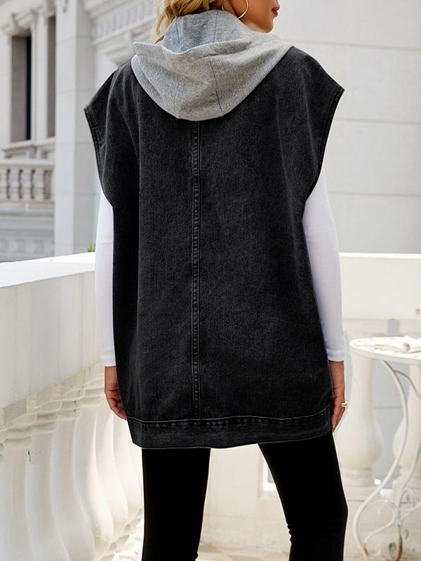 Loose Sleeveless Buttoned Detachable Hooded Pockets Split-Joint Lapel Collar Vest Outerwear Product Image