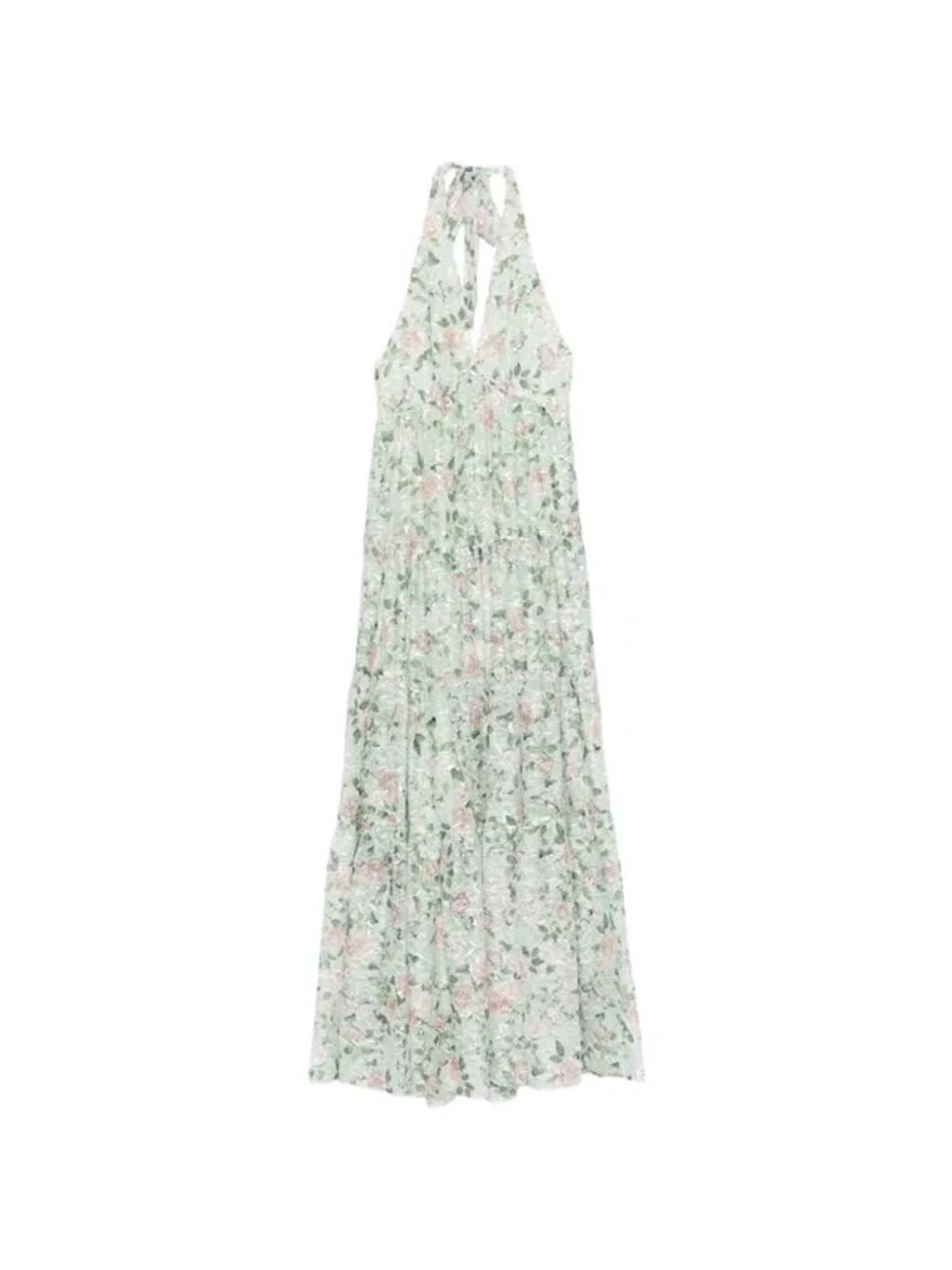 ALICE AND OLIVIA Maura Embroidered Deep V Halter Tiered Maxi Dress In Multi Product Image
