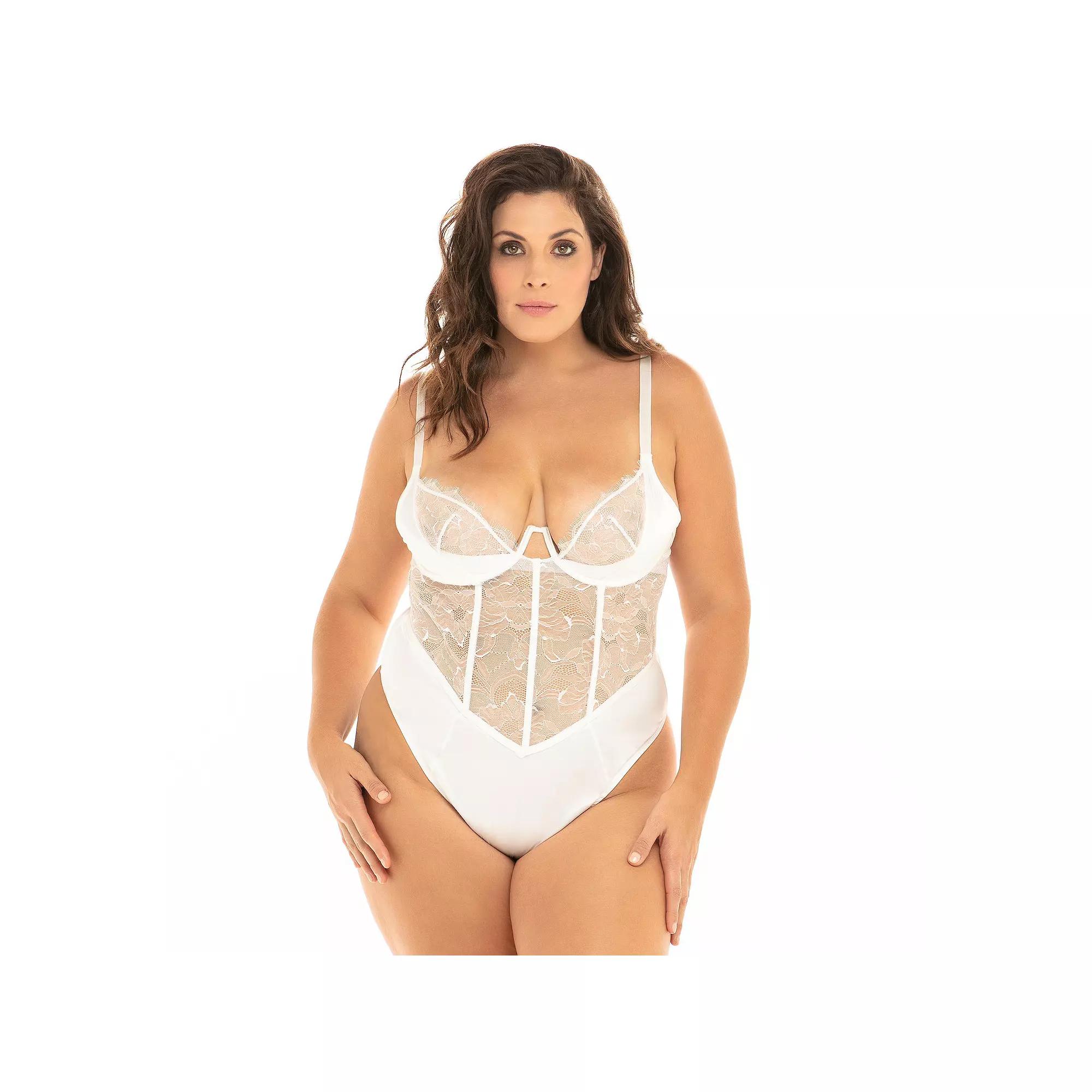 Plus Size Oh La La Cheri Carmella Unlined Lace & Satin Boning Inserts Bodysuit 51-11566X, Women's, Size: 38D-2XL, Bright White Product Image