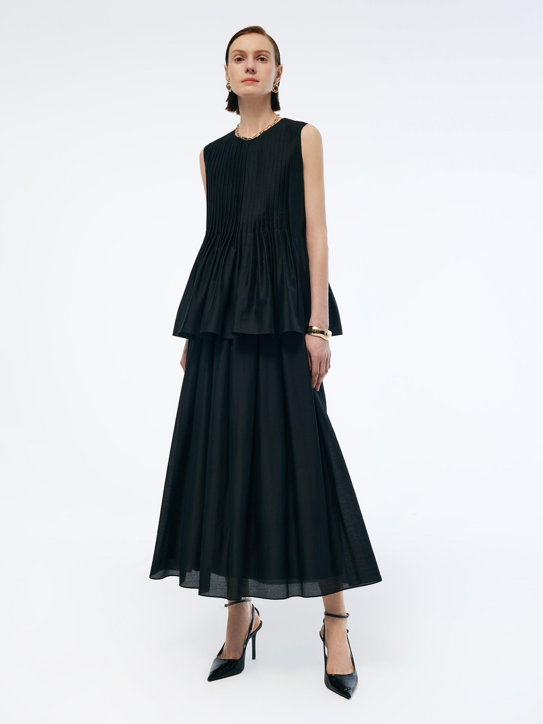 Tencel Blend Ruffle Hem Pleated Tank Top And A-Line Skirt Two-Piece Se Product Image