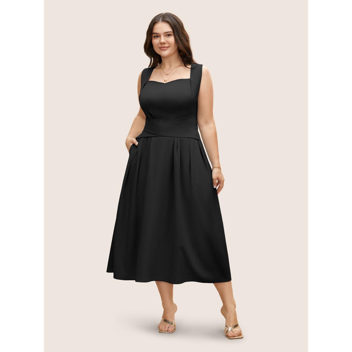 Plus Size Heart Neckline Crossover Shirred Midi Dress Black Women Elegant Pleated Heart neckline Sleeveless Curvy BloomChic 18-20/2X Product Image
