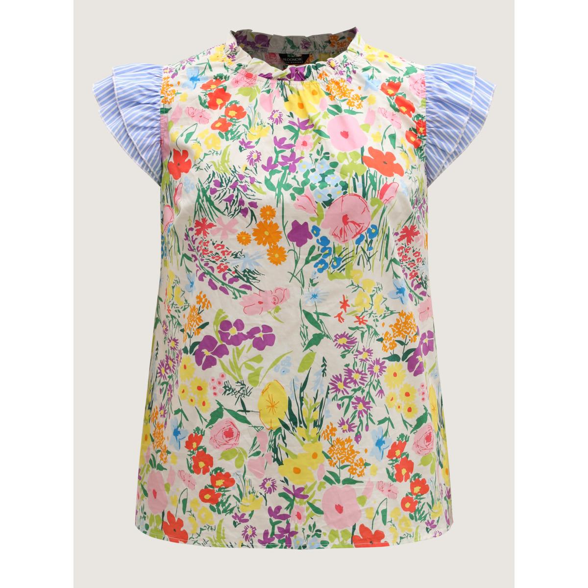 Plus Size Multicolor Pure Cotton Floral Turtleneck Blouse Women Cap Sleeve Mock Neck Everyday-Elegant Blouses BloomChic 12/L Product Image