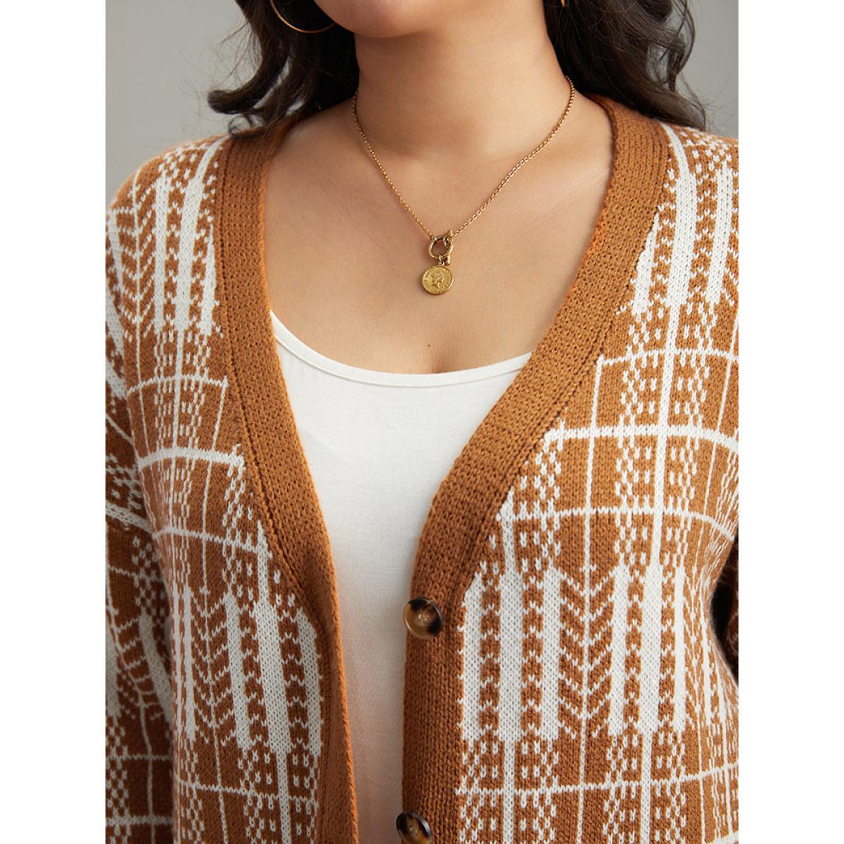 Plus Size Boho Print Contrast Pocket Open Front Cardigan Chocolate Women Casual Loose Long Sleeve Dailywear Cardigans BloomChic 30/6X Product Image