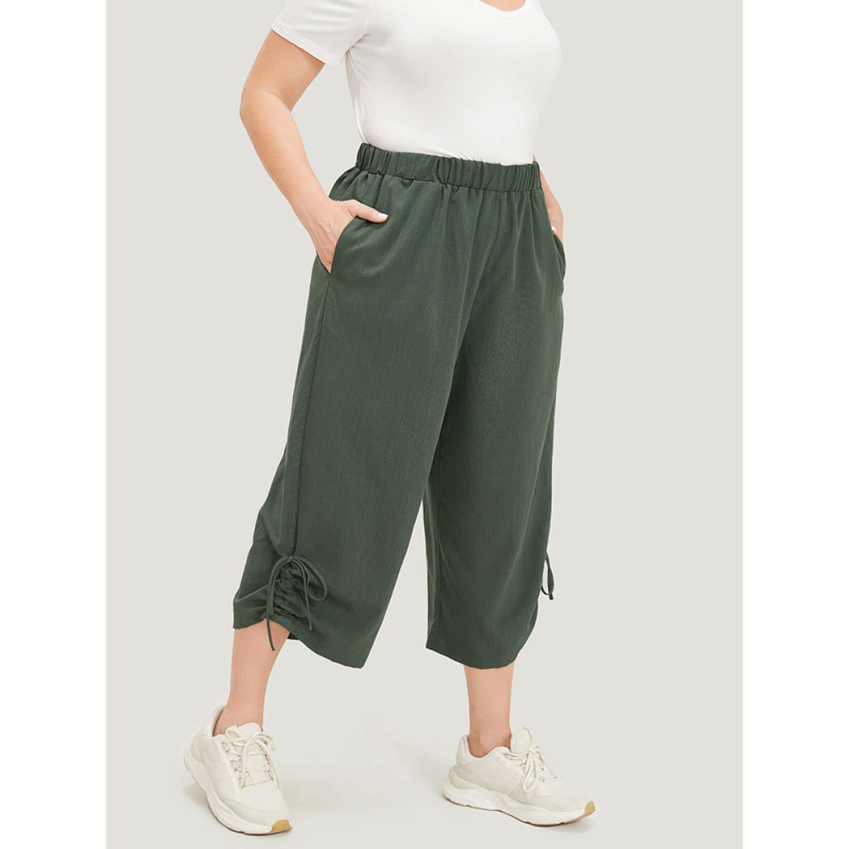 Plus Size Plain Gathered Elastic Waist Drawstring Hem Pocket Pants Women SlateGray Casual High Rise Dailywear Pants BloomChic 10/M Product Image