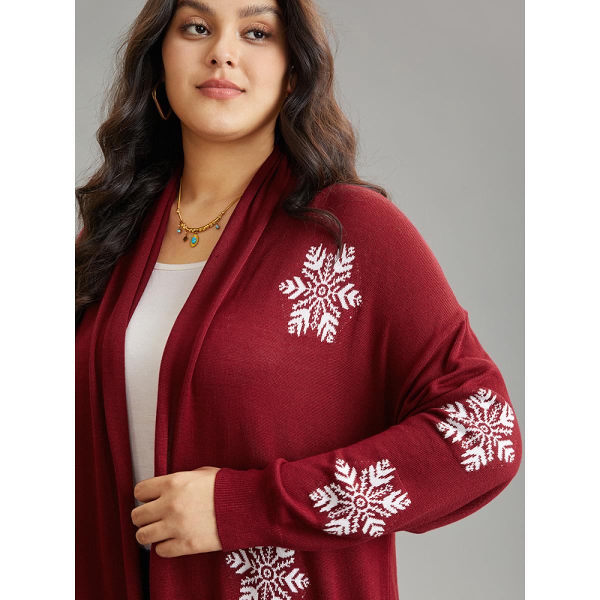 Plus Size Supersoft Essentials Snowflake Lapel Collar Cardigan Scarlet Women Casual Loose Long Sleeve Festival-Christmas Cardigans BloomChic 26/4X Product Image