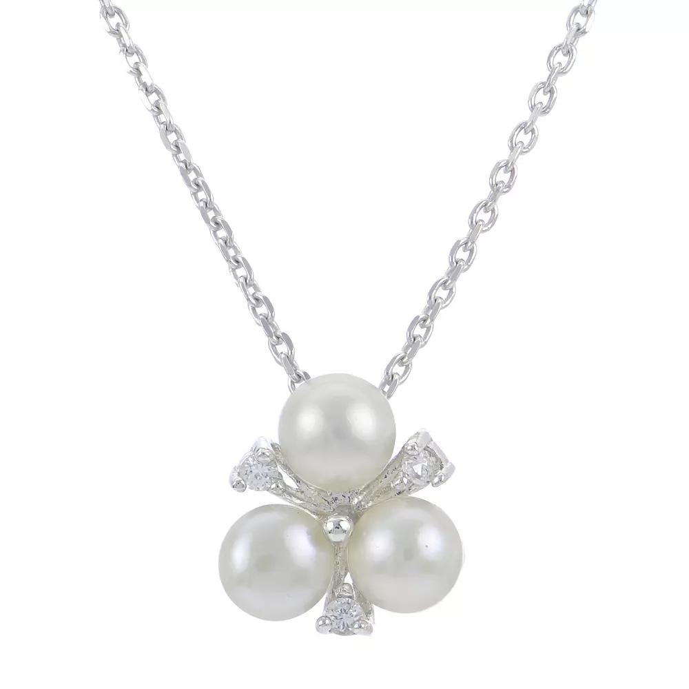 PearLustre by Imperial Sterling Silver Freshwater Cultured Pearl Lab-Created White Sapphire Clover Pendant Necklace, Womens Product Image