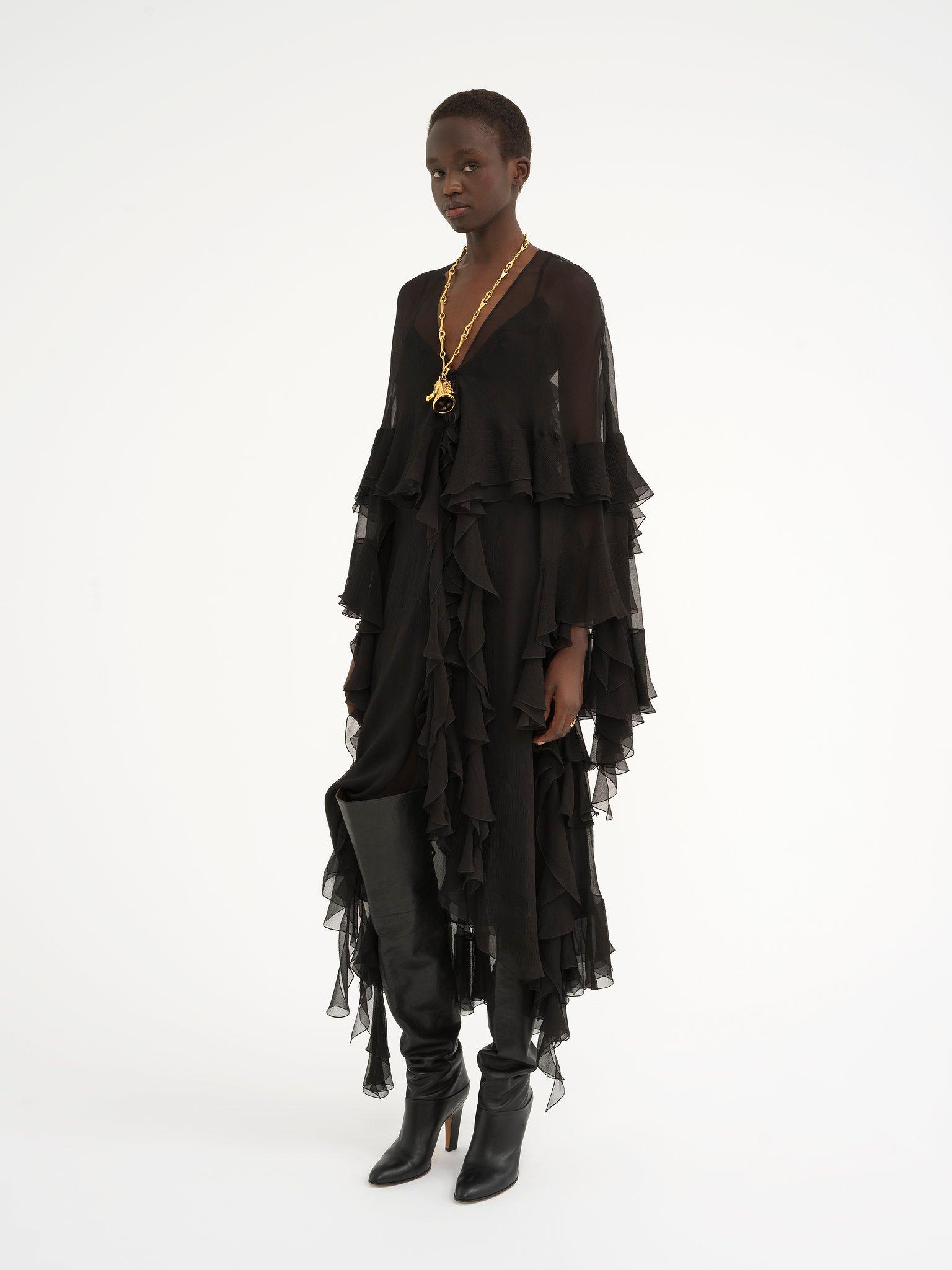 Long ruffled dress in silk mousseline Product Image