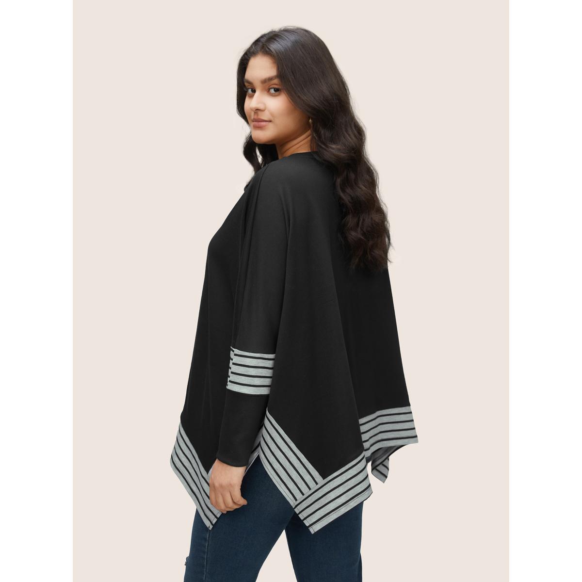 Plus Size Rib Knit Striped Curved Hem Sweatshirt Women Black Casual Contrast Round Neck Everyday Sweatshirts BloomChic 12/L Product Image