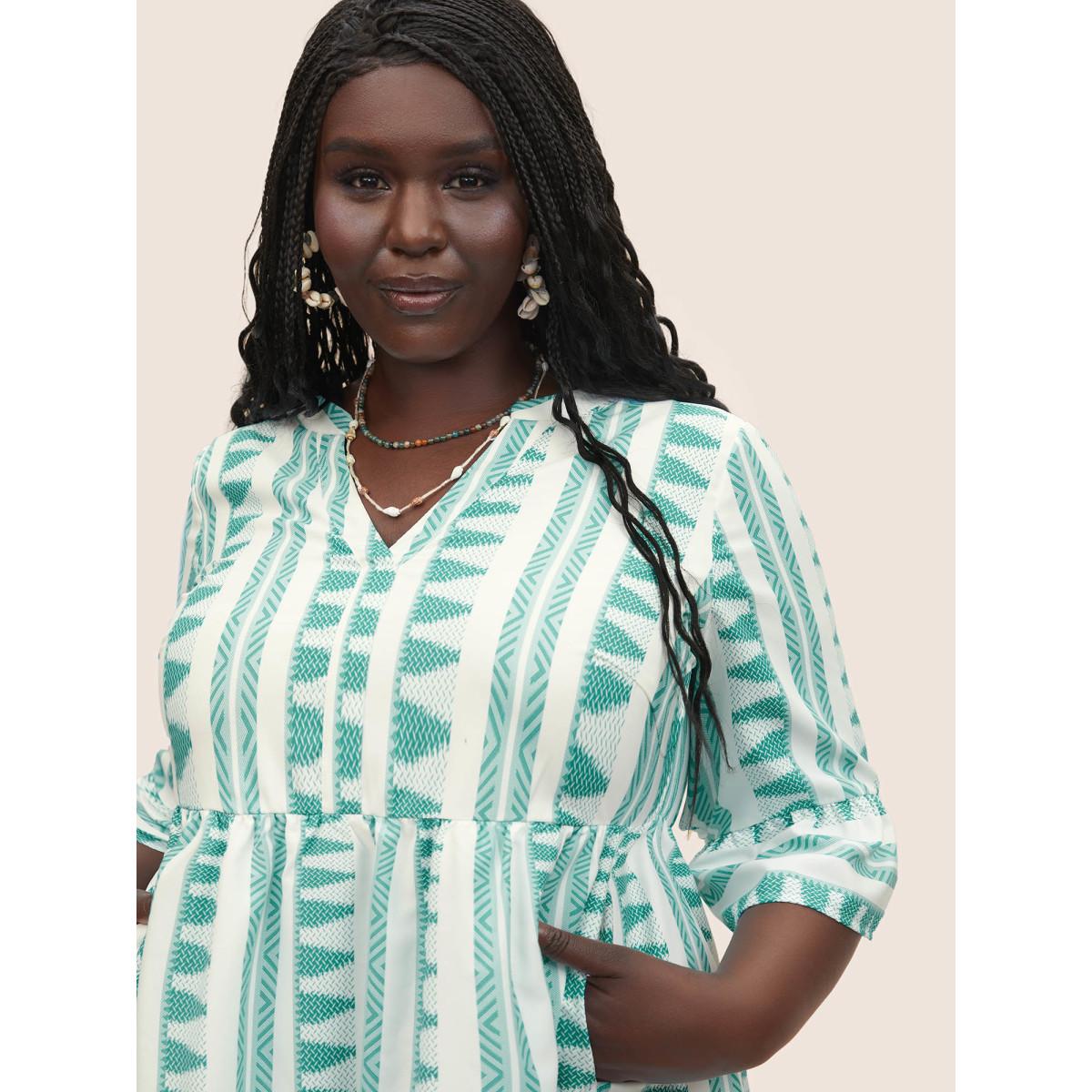 Plus Size Bandana Geometric Notched Ruffle Layered Hem Dress Turquoise Women Resort Non Notched collar Elbow-length sleeve Curvy Midi Dress BloomChic 30/6X Product Image