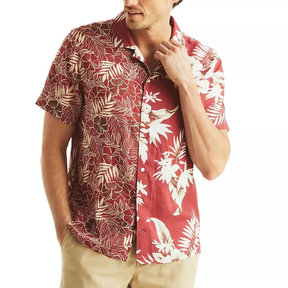 Men's Nautica Short Sleeve Printed Linen Button-Down Camp Shirt, Size: Medium, Red Product Image
