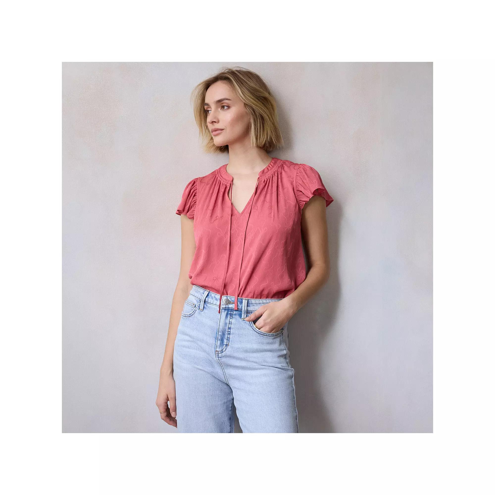 Women's LC Lauren Conrad Tie Front Ruffled V-Neck Shell, Size: XXL, Jeannie Pink Product Image