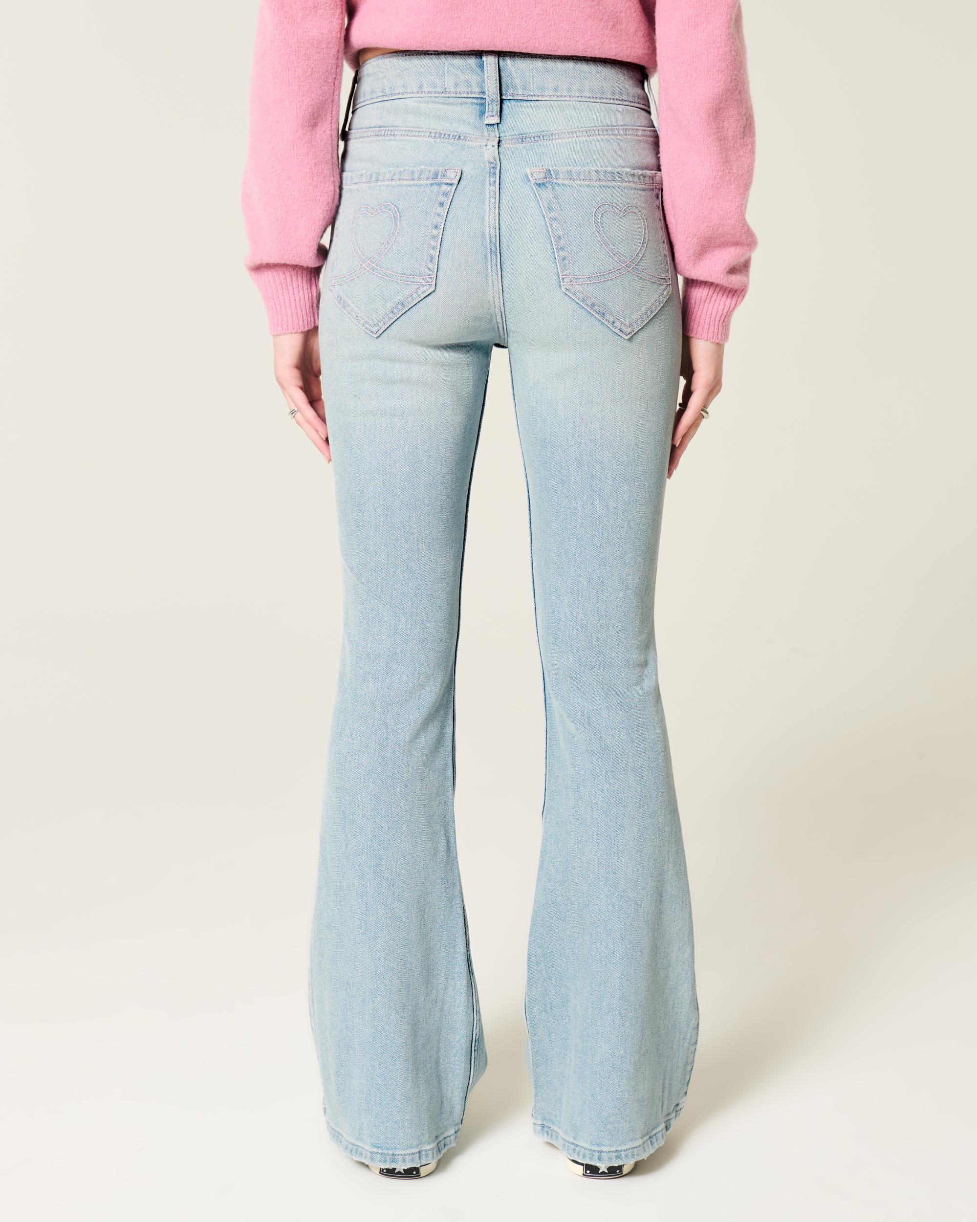 High-Rise Light Wash Heart Stitch Flare Jeans Product Image