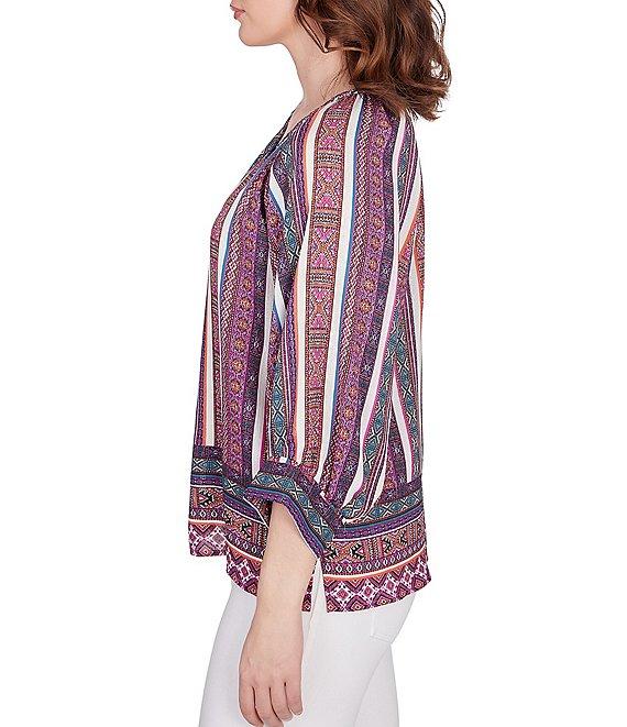 Ruby Rd. Petite Size Southwest Stripe Border Print Metallic Detail Braid Trim V-Neck 3/4 Balloon Sleeve Top Product Image