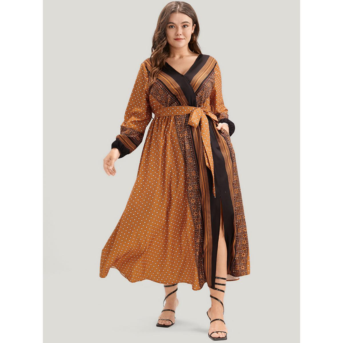 Plus Size Geometric Split Pocket Belted Wrap Lantern Sleeve Dress Bronze Women Vacation Belted V-neck Long Sleeve Curvy Midi Dress BloomChic 22-24/3X Product Image