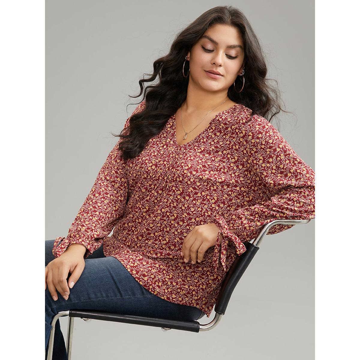 Plus Size Scarlet Ditsy Floral Ties V Neck Pleated Blouse Women Elegant Long Sleeve V-neck Dailywear Blouses BloomChic 26/4X Product Image