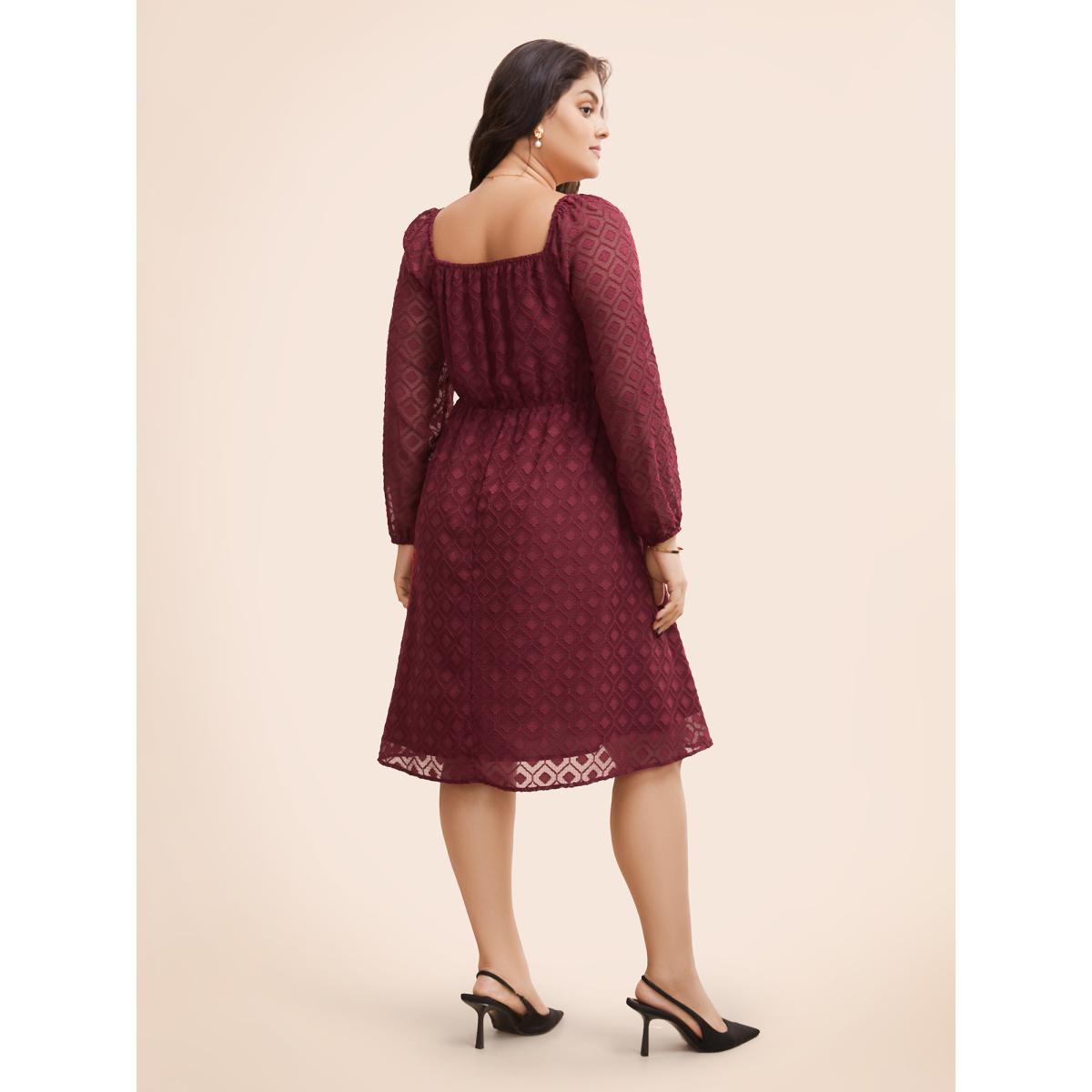 Plus Size Square Neck Textured Mesh Shirred Dress Burgundy Women Elegant Texture Square Neck Long Sleeve Curvy BloomChic 30/6X Product Image