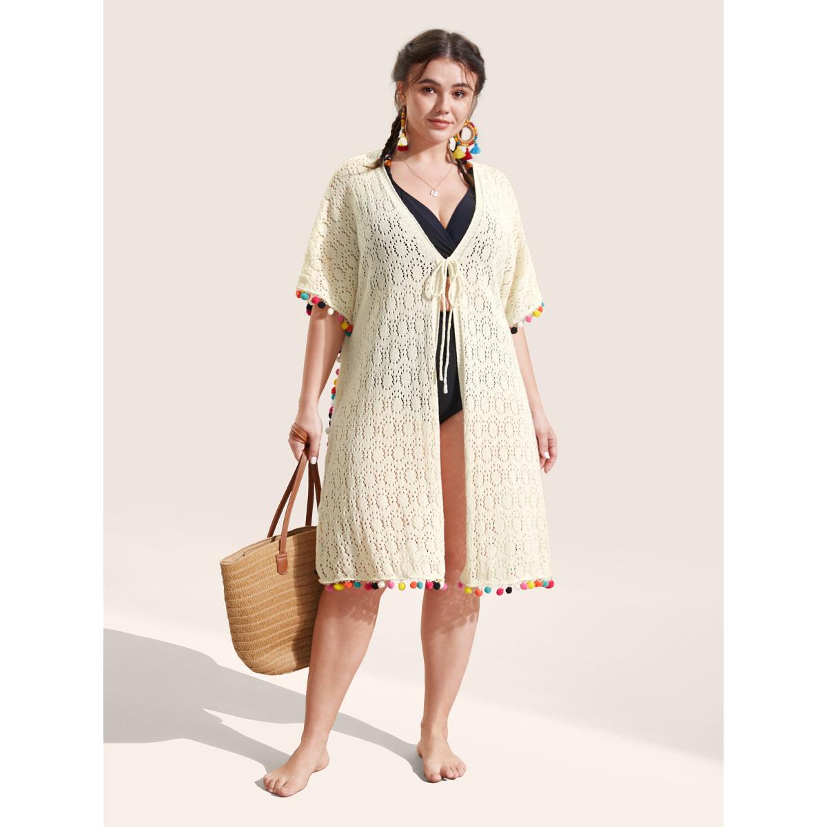 Plus Size Colored Fluffy Ball Trim Tie Knot Swim Cover Up Women's Swimwear Ivory Beach Loose Tie knot Curve Swim Cover Ups BloomChic 18-20/2X Product Image