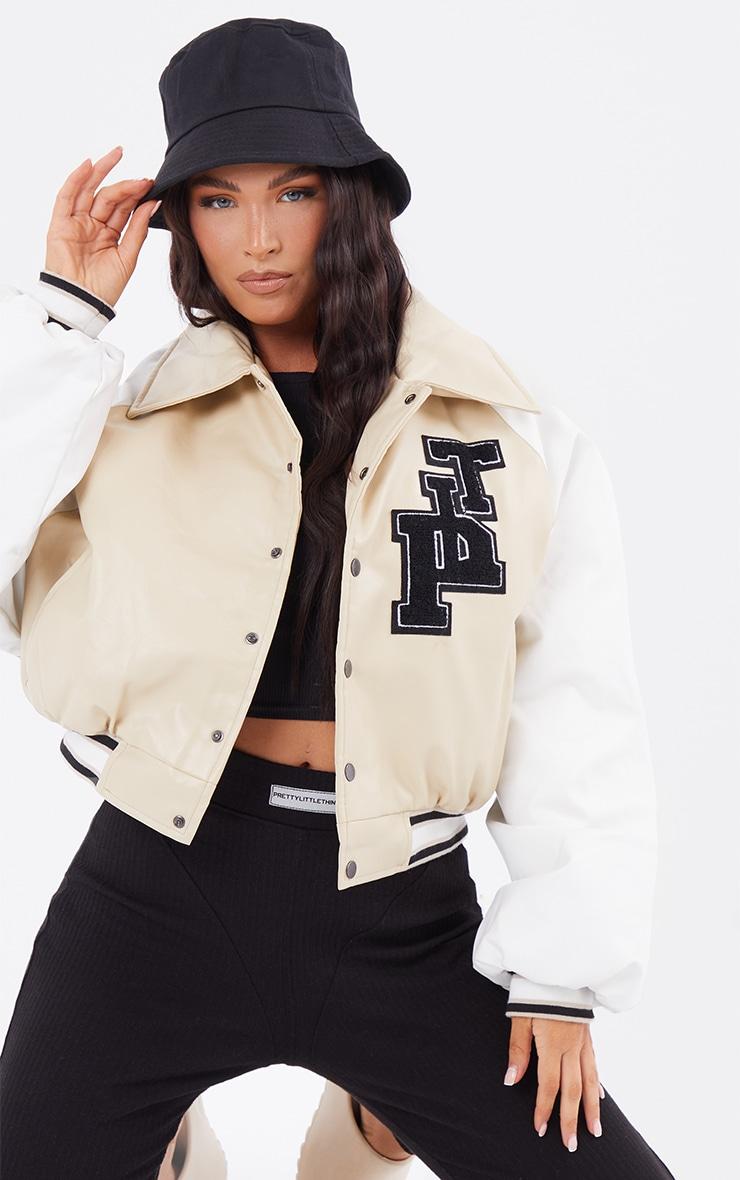 Beige Faux Leather Raglan Sleeve Cropped Varsity Bomber Jacket Product Image