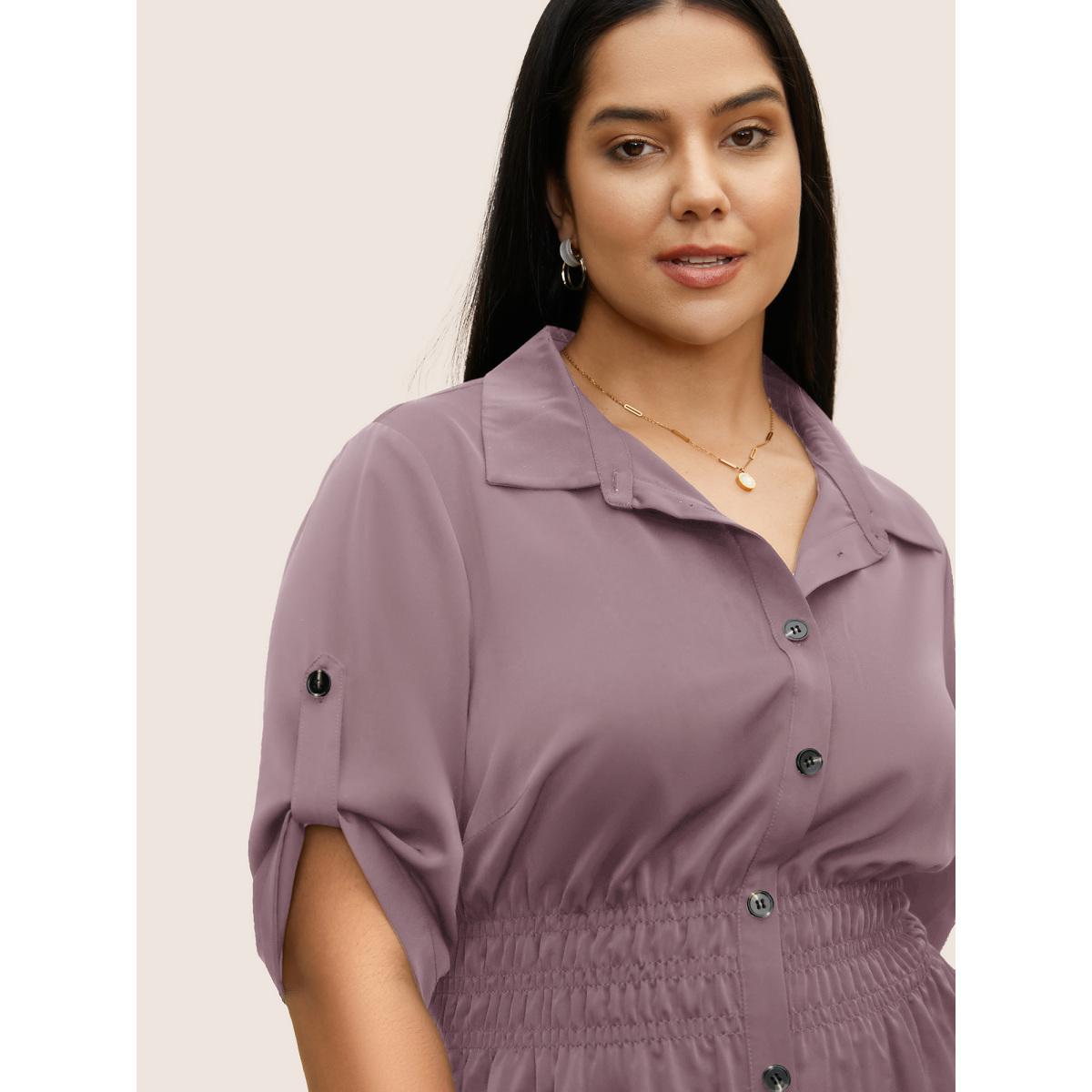 Plus Size Mauve Shirt Collar Button Cuff Sleeve Blouse Women Work From Home Half Sleeve Shirt collar Work Blouses BloomChic 30/6X Product Image