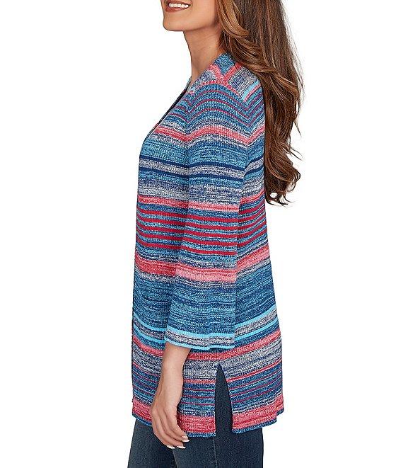 Ruby Rd. Rib Knit Stripe 3/4 Sleeve Pocketed Open-Front Cardigan Product Image