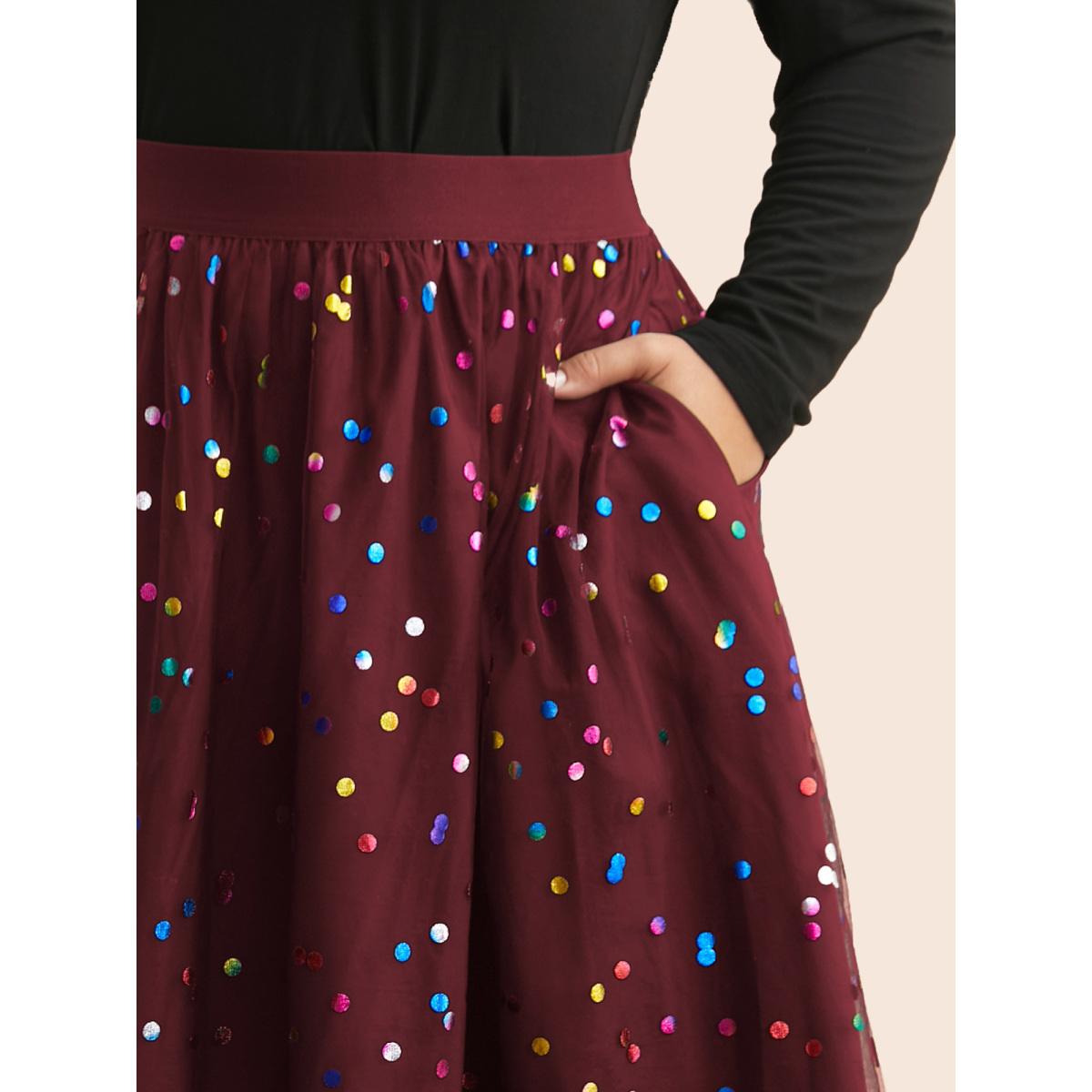 Plus Size Sequin Polka Dot Tiered Mesh Skirt Women Burgundy Cocktail Tiered Loose No stretch Side seam pocket Party Skirts BloomChic 14-16/1X Product Image