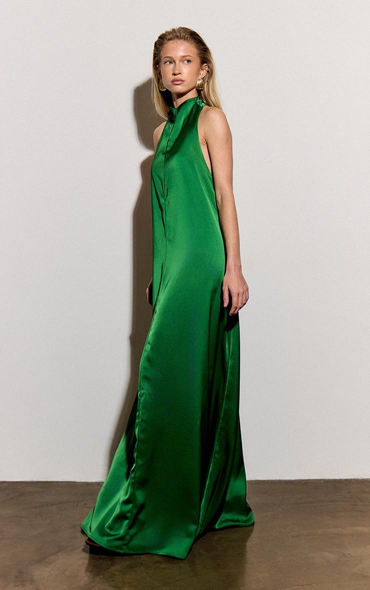 Green Satin High Neck Scoop Extreme Low Back Maxi Dress Product Image