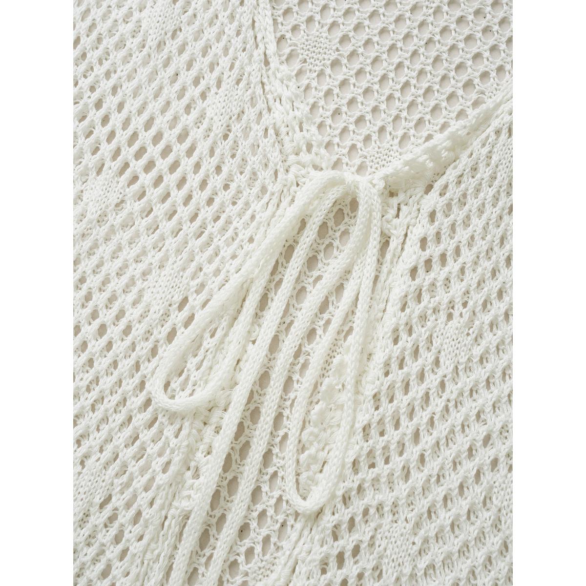 Plus Size Pointelle Knit Ties Lace Panel Bell Sleeve Cardigan Ivory Women Everyday Casual Cover Ups Bloomchic 28/5X Product Image