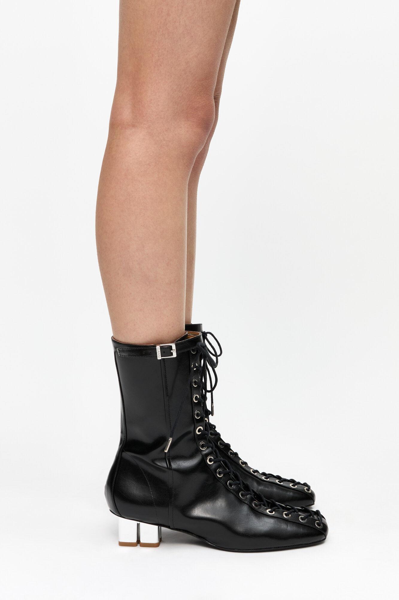 Black Oleatex Eyelets Lace-Up Ankle Boots Product Image