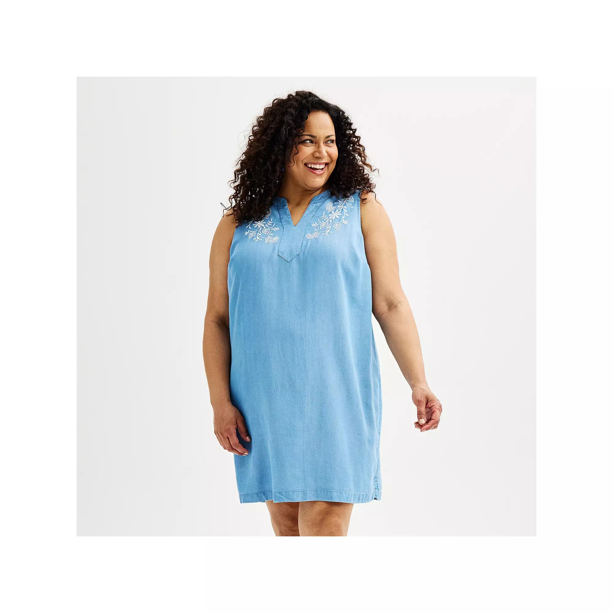 Plus Size Croft & Barrow® Embroidered Split Neck Dress, Women's, Size: 2XL, Light Blue Chambray Product Image