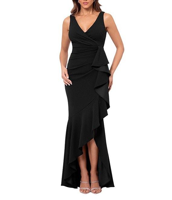 Betsy & Adam Petite Size Sleeveless V-Neck Spiral Ruffle Cascade Gown Product Image
