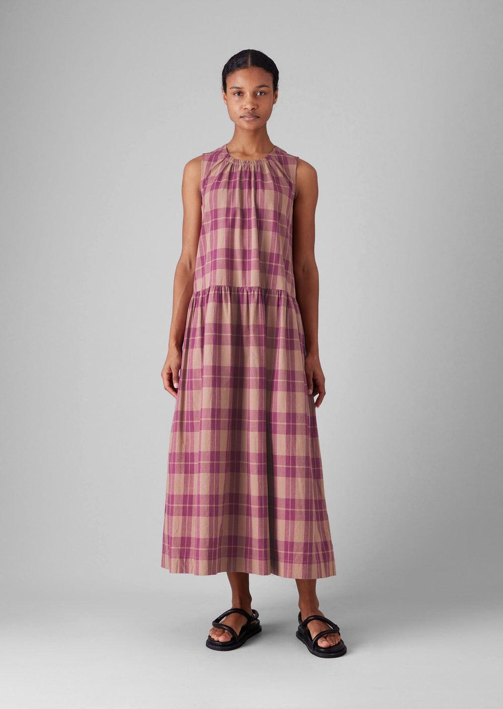 Check Cotton Gathered Waist Dress | Raspberry Product Image