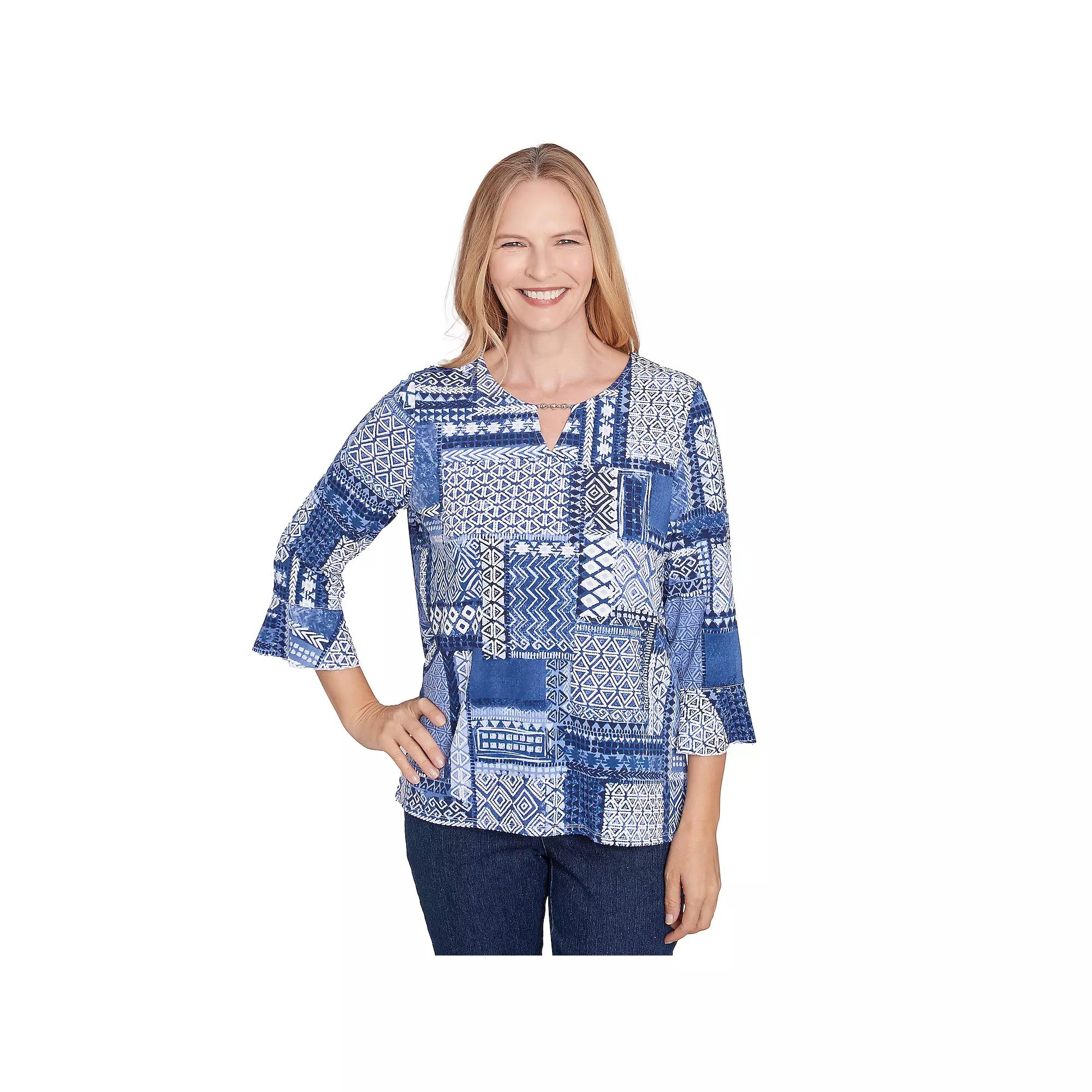 Petite Alfred Dunner Beaded Split Neck Patchwork Top, Women's, Size: Large Petite, Blue Product Image