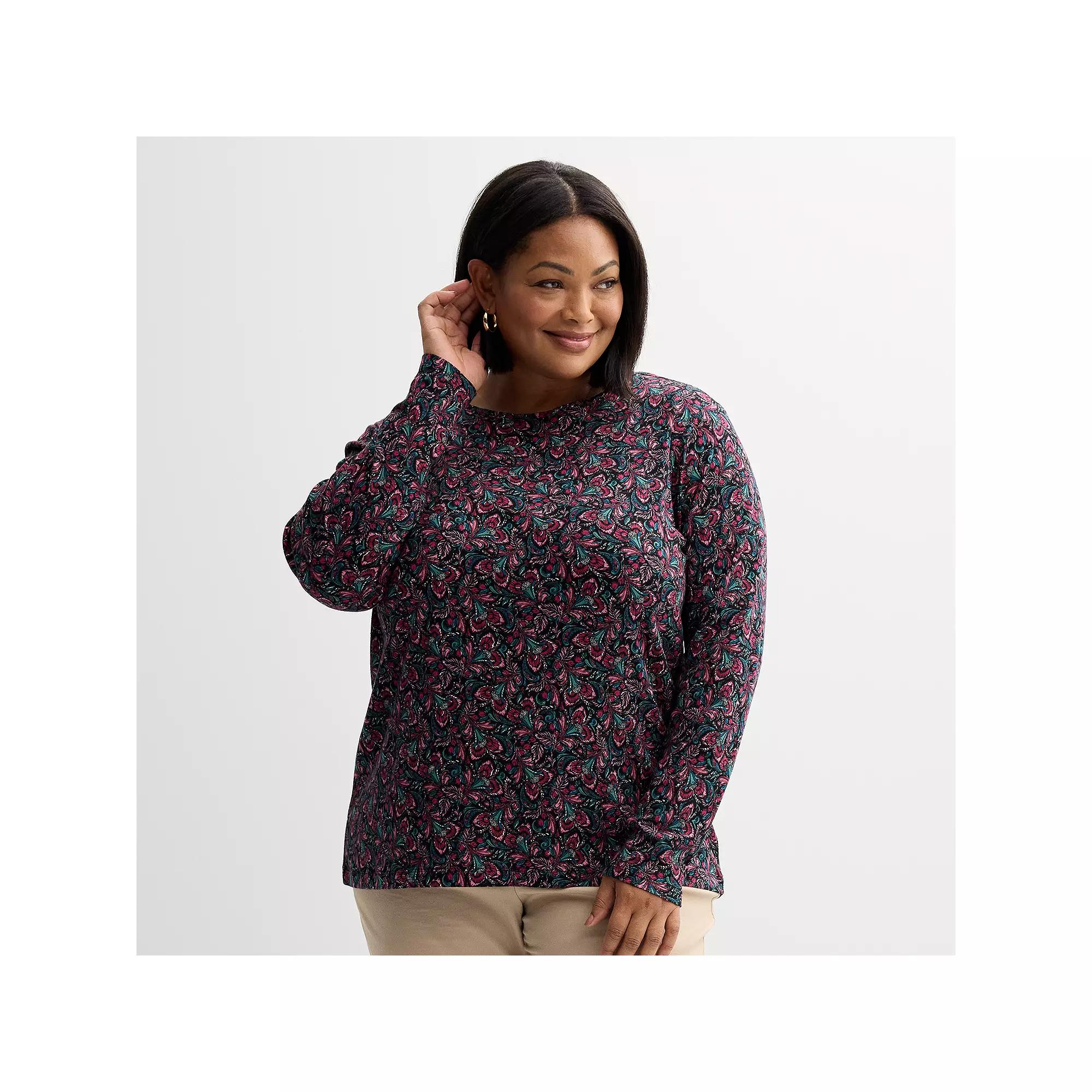 Plus Size Croft & Barrow® Essential Crewneck Long Sleeve Tee, Women's, Size: 1XL, Navy Night Red Product Image