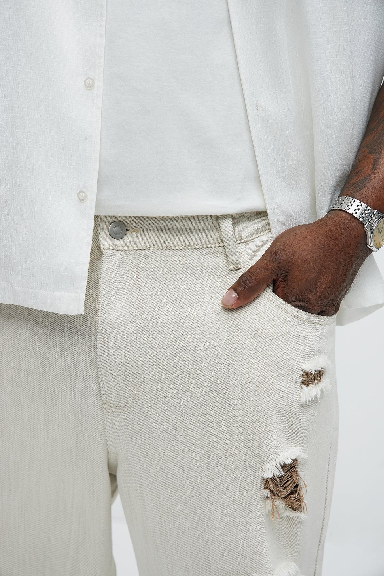 Hector Distressed Straight Jeans - Beige Product Image